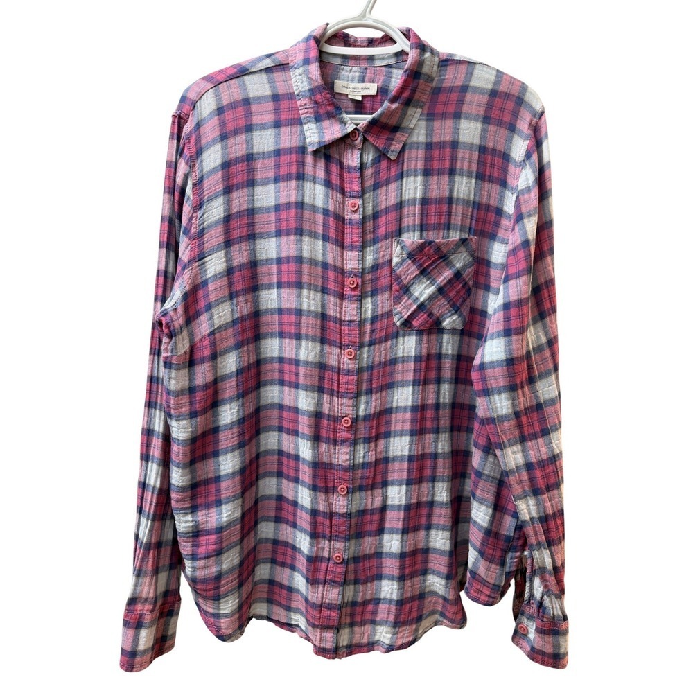 Beachlunchlounge Pink Plaid Shirt Semi Sheer Lightweight Coastal Top